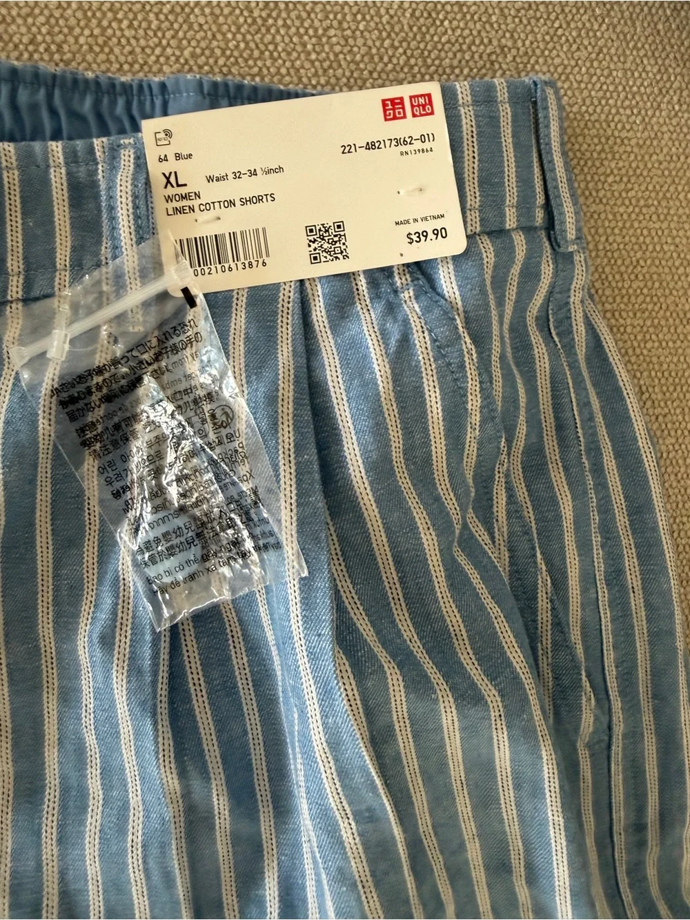 Women's Blue & White Striped Linen Cotton Shorts